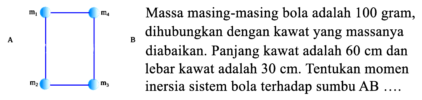 Massa masing-masing bola adalah 100 gram, dihubungkan dengan kawat yang massanya diabaikan. Panjang kawat adalah 60 cm dan lebar kawat adalah 30 cm. Tentukan momen inersia sistem bola terhadap sumbu AB...