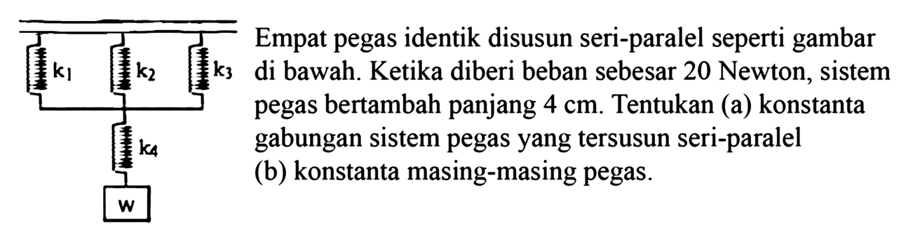 Empat pegas identik disusun seri-paralel seperti gambar di bawah. Ketika diberi beban sebesar 20 Newton, sistem pegas bertambah panjang  4 cm . Tentukan (a) konstanta gabungan sistem pegas yang tersusun seri-paralel (b) konstanta masing-masing pegas. k1 k2 k3 k4 w