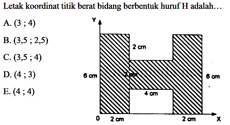 Letak koordinat titik berat bidang berbentuk huruf H adalah 
A. (3 ; 4) B. (3,5 ; 2,5) C. (3,5 ; 4) D. (4 ; 3) E. (4 ; 4) 
Y 2 cm 6 cm 2 cm 6 cm 4 cm 0 2 cm 2 cm X 