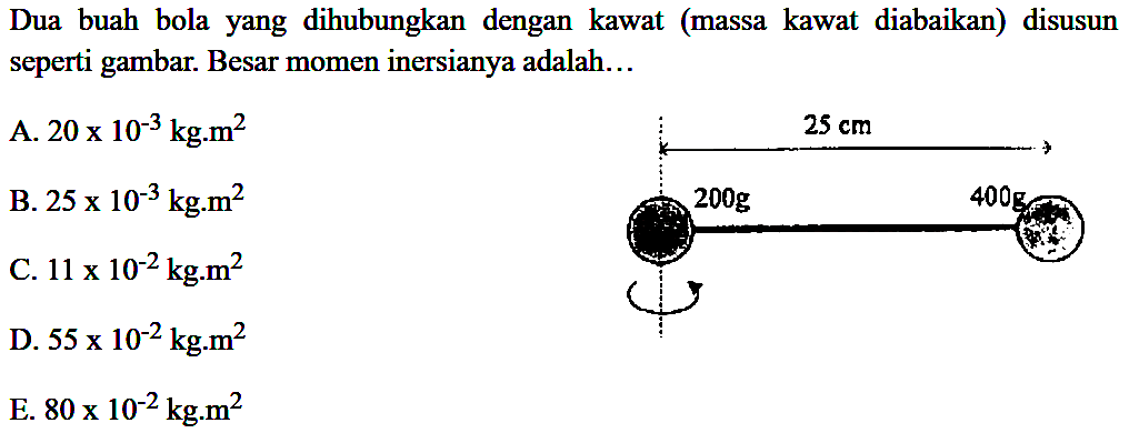 Dua buah bola yang dihubungkan dengan kawat (massa kawat diabaikan) disusun seperti gambar. Besar momen inersianya adalah... 25 cm 200 g 400 g A. 20 x 10^(-3) kg.m^2 B. 25 x 10^(-3) kg.m^2 C. 11 x 10^(-2) kg.m^2 D. 55 x 10^(-2) kg.m^2 E. 80 x 10^(-2) kg.m^2