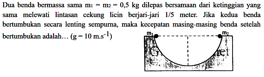 Dua benda bermassa sama  m_(1)=m_(2)=0,5 kg  dilepas bersamaan dari ketinggian yang sama melewati lintasan cekung licin berjari-jari 1/5 meter. Jika kedua benda bertumbukan secara lenting sempurna, maka kecepatan masing-masing benda setelah bertumbukan adalah...  (g=10 m^(-1).  )