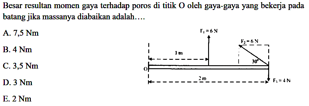 Besar resultan momen gaya terhadap poros di titik O oleh gaya-gaya yang bekerja pada batang jika massanya diabaikan adalah.... F1 = 6 N F2 = 6 N 1 m 30 O 2 m F3 = 4 N 