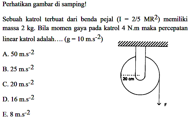 Perhatikan gambar di samping! Sebuah katrol terbuat dari benda pejal (I = 2/5 MR^2) memiliki massa 2 kg. Bila momen gaya pada katrol 4 N.m maka percepatan linear katrol adalah.... (g = 10 m.s^-2) 20 cm F 