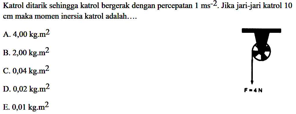 Katrol ditarik sehingga katrol bergerak dengan percepatan 1 ms^-2. Jika jari-jari katrol 10 cm maka momen inersia katrol adalah.... F = 4 N 