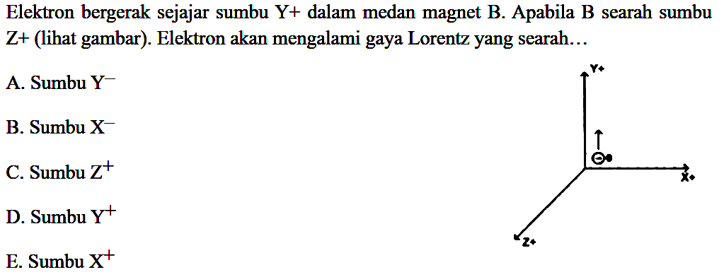 Elektron bergerak sejajar sumbu Y+ dalam medan magnet B. Apabila B searah sumbu Z+ (lihat gambar). Elektron akan mengalami gaya Lorentz yang searah 
A. Sumbu Y^- B. Sumbu X^- C. Sumbu Z^+ D. Sumbu Y^+ E. Sumbu X^+ 
Y^+ X^+ Z^+ 