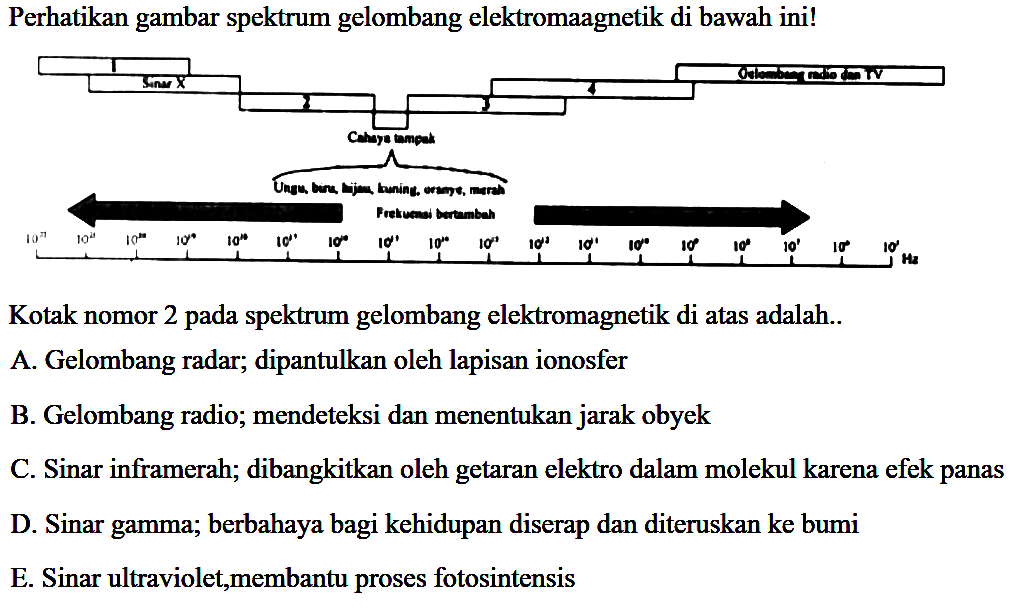 Perhatikan gambar spektrum gelombang elektromagnetik di bawah ini! 
1 Gelombang radio dan TV 
Sinar X 4 
2 3 
Cahaya tampak 
Ungu, biru, hijau, kuning, oranye, merah 
10^(22) 10^(21) 10^(20) 10^(19) 10^(18) 10^(17) 10^(16) 10^(15) 10^(14) 10^(13) 10^(12) 10^(11) 10^(10) 10^9 10^8 10^7 10^6 10^5 Hz
Kotak nomor 2 pada spektrum gelombang elektromagnetik di atas adalah 
A. Gelombang radar; dipantulkan oleh lapisan ionosfer 
B. Gelombang radio; mendeteksi dan menentukan jarak obyek 
C. Sinar inframerah; dibangkitkan oleh getaran elektro dalam molekul karena efek panas 
D. Sinar gamma; berbahaya bagi kehidupan diserap dan diteruskan ke bumi 
E. Sinar ultraviolet, membantu proses fotosintensis