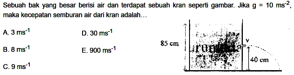 Sebuah bak yang besar berisi air dan terdapat sebuah kran seperti gambar. Jika  g=10 ms^(-2), maka kecepatan semburan air dari kran adalah... 85 cm v 40 cm 