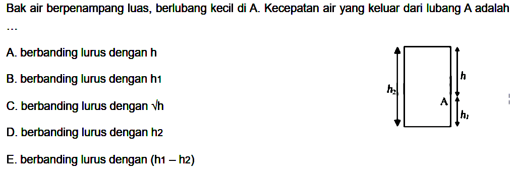 Bak air berpenampang luas, berlubang kecil di A. Kecepatan air yang keluar dari lubang A adalah .... h h2 A h1 