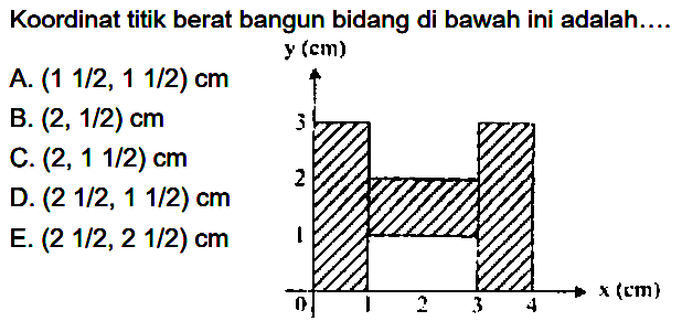 Koordinat titik berat bangun bidang di bawah ini adalah.... y (cm) 3 2 1 0 1 2 3 4 x (cm) 