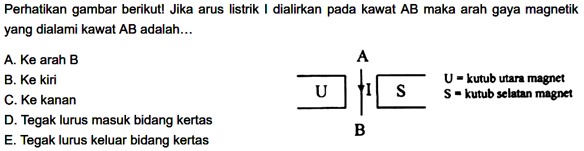 Perhatikan gambar berikut! Jika arus listrik I dialirkan pada kawat AB maka arah gaya magnetik yang dialami kawat  AB  adalah... A U I S B U=kutub utara magnet S=kutub selatan magnet 