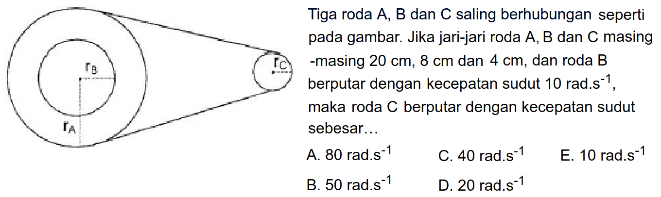 Tiga roda A, B dan C saling berhubungan seperti pada gambar. Jika jari-jari roda A, B dan C masing -masing  20 cm, 8 cm dan 4 cm, dan roda B berputar dengan kecepatan sudut 10 rad.s^(-1), maka roda C berputar dengan kecepatan sudut sebesar...
