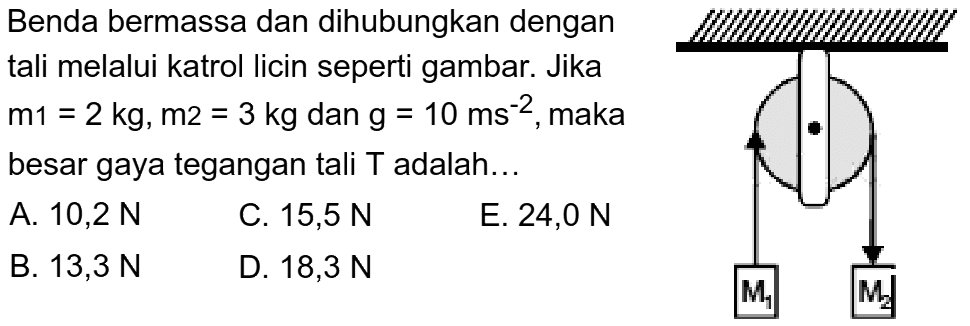 Benda bermassa dan dihubungkan dengan tali melalui katrol licin seperti gambar. Jika m1=2 kg, m2=3 kg dan g=10 ms^(-2), maka besar gaya tegangan tali T adalah  .... M1 M2