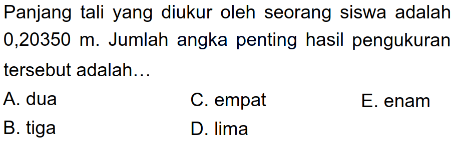 Panjang tali yang diukur oleh seorang siswa adalah 0,20350 m. Jumlah angka penting hasil pengukuran tersebut adalah....