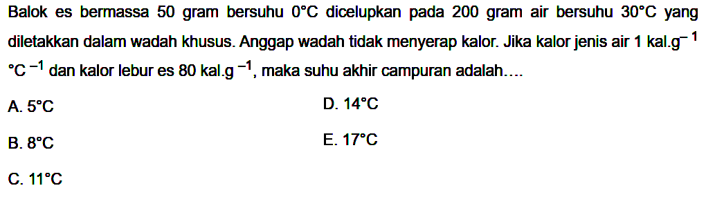 Balok es bermassa 50 gram bersuhu  0 C  dicelupkan pada 200 gram air bersuhu  30 C  yang diletakkan dalam wadah khusus. Anggap wadah tidak menyerap kalor. Jika kalor jenis air  1 kal . g^-1C^-1  dan kalor lebur es  80 kal . g^-1 , maka suhu akhir campuran adalah....