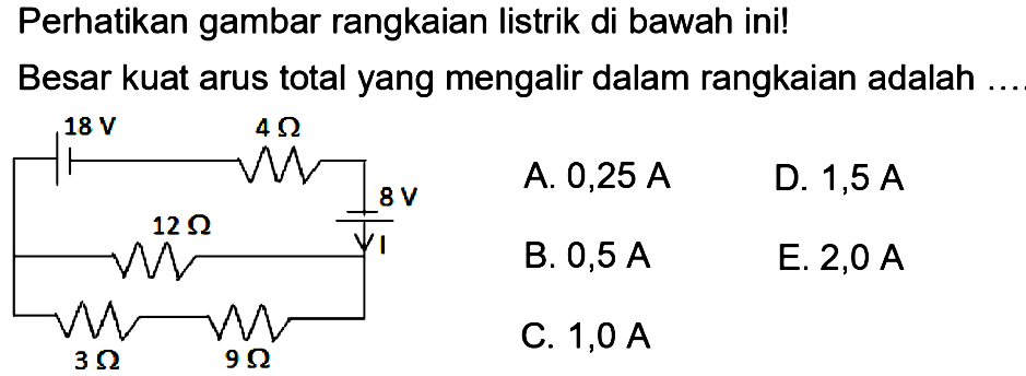 Perhatikan gambar rangkaian listrik di bawah ini!Besar kuat arus total yang mengalir dalam rangkaian adalah ... 18 V 4 ohm 8 V 12 ohm 3 ohm 9 ohmA.  0,25 A    D.  1,5 A B.  0,5 A E.  2,0 A C.  1,0 A  