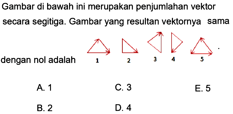 Gambar di bawah ini merupakan penjumlahan vektor secara segitiga. Gambar yang resultan vektornya sama dengan nol adalah .... 1 2 3 4 5 A. 1 B. 2 C. 3 D. 4 E. 5 