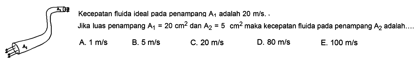 Kecepatan fluida ideal pada penampang A1 adalah 20 m/s, Jika luas penampang A1=20 cm^2 dan A2=5 cm^2 maka kecepatan fluida pada penampang A2 adalah....