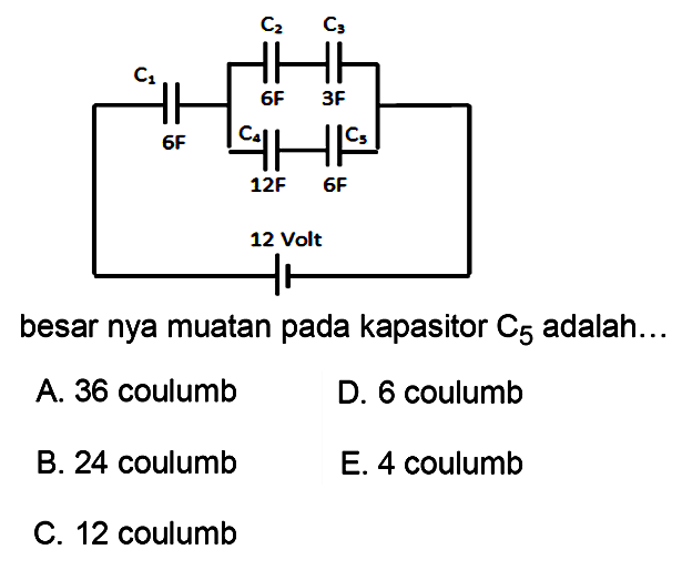 C1 C2 C3 C4 C5
6F 6F 3F 12F 6F 12 V
besar nya muatan pada kapasitor C5 adalah...
