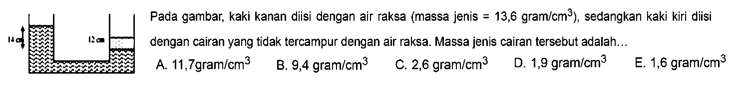 Pada gambar, kaki kanan diisi dengan air raksa (massa jenis =13,6 gram/cm^3), sedangkan kaki kiri diisi dengan cairan yang tidak tercampur dengan air raksa. Massa jenis cairan tersebut adalah .... 14 cm 12 cm 