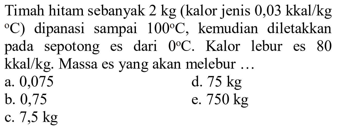 Timah hitam sebanyak 2 kg (kalor jenis 0,03 kkal/(kg C)) dipanasi sampai 100 C, kemudian diletakkan pada sepotong es dari 0 C. Kalor lebur es 80 kkal/kg. Massa es yang akan melebur ...