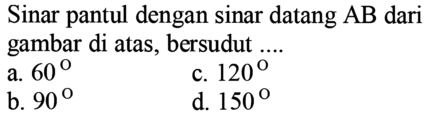 Sinar pantul dengan sinar datang  A B  dari gambar di atas, bersudut ....
a.  60 
c.  120 
b.  90 
d.  150 