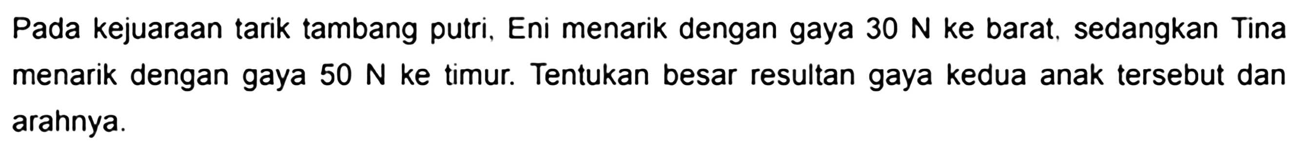 Pada kejuaraan tarik tambang putri, Eni menarik dengan gaya 30 N ke barat, sedangkan Tina menarik dengan gaya 50 N ke timur. Tentukan besar resultan gaya kedua anak tersebut dan arahnya.