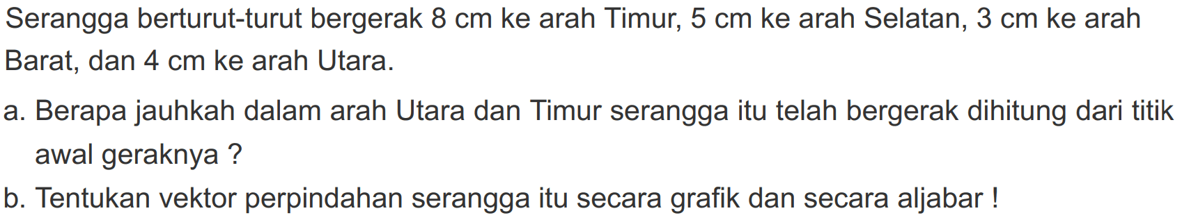 Serangga berturut-turut bergerak 8 cm ke arah Timur, 5 cm ke arah Selatan, 3 cm ke arah Barat, dan 4 cm ke arah Utara.
a. Berapa jauhkah dalam arah Utara dan Timur serangga itu telah bergerak dihitung dari titik awal geraknya ?
b. Tentukan vektor perpindahan serangga itu secara grafik dan secara aljabar!