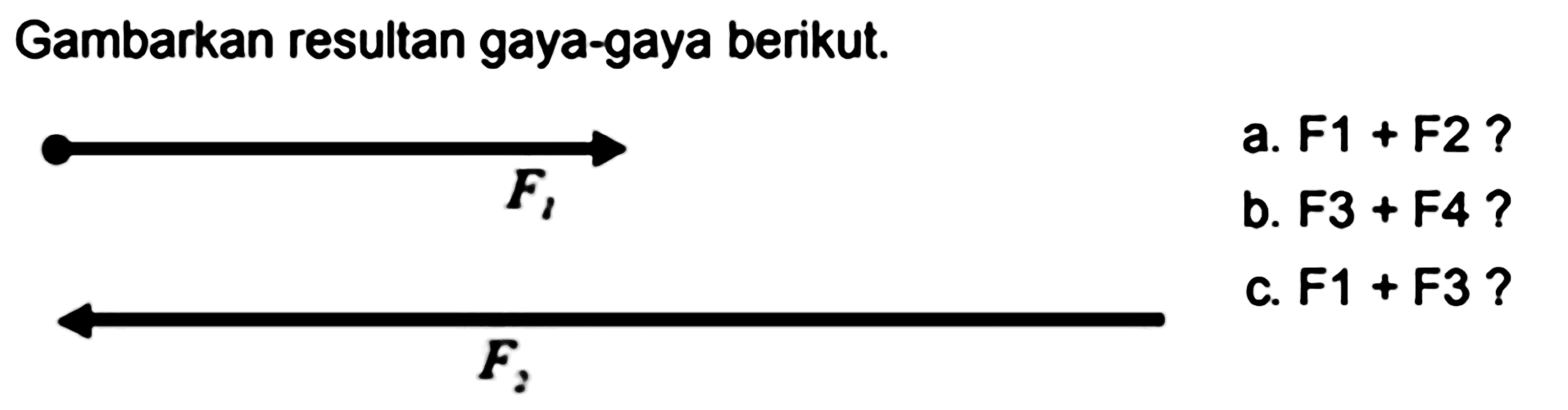 Gambarkan resultan gaya-gaya berikut.
F1 F2 
a. F1 + F2 ?
b. F3 + F4 ? 
c. F1 + F3 ?