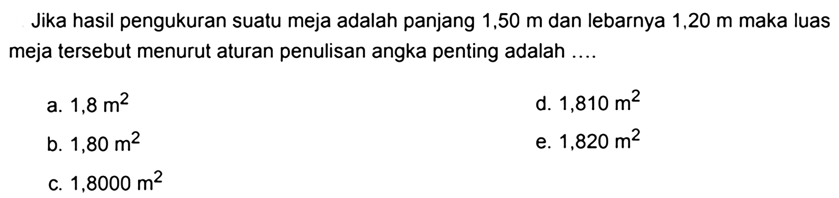 Jika hasil pengukuran suatu meja adalah panjang  1,50 m  dan lebarnya  1,20 m  maka luas meja tersebut menurut aturan penulisan angka penting adalah ....