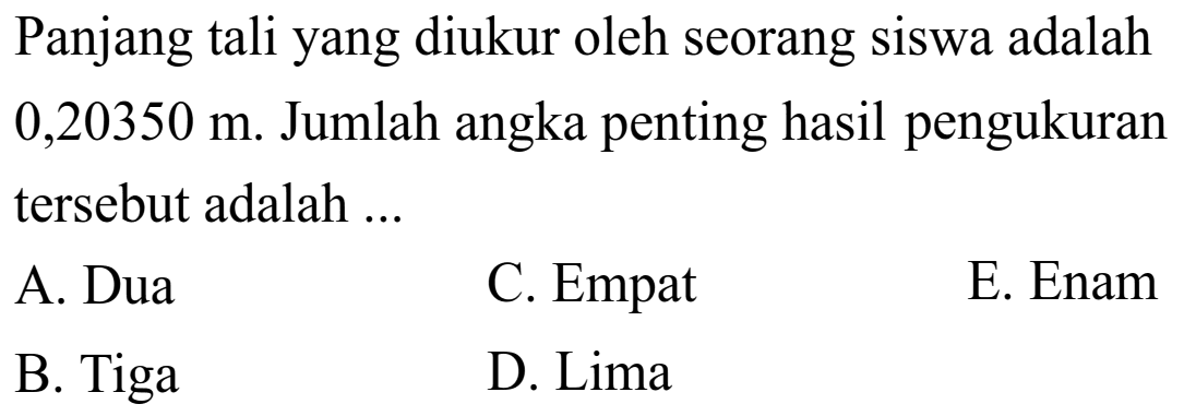 Panjang tali yang diukur oleh seorang siswa adalah 0,20350 m. Jumlah angka penting hasil pengukuran tersebut adalah ... 