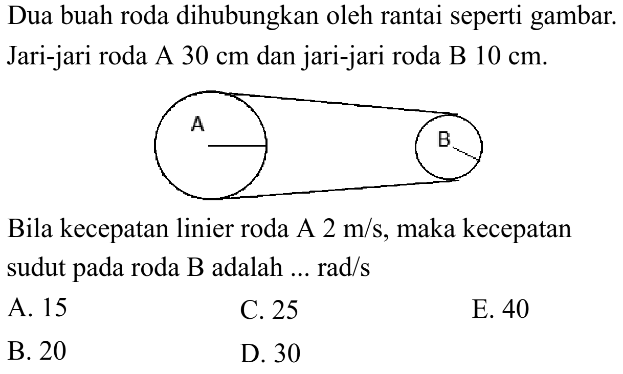 Dua buah roda dihubungkan oleh rantai seperti gambar. Jari-jari roda A 30 cm dan jari-jari roda B 10 cm.Bila kecepatan linier roda A 2 m/s, maka kecepatan sudut pada roda B adalah ... rad/s