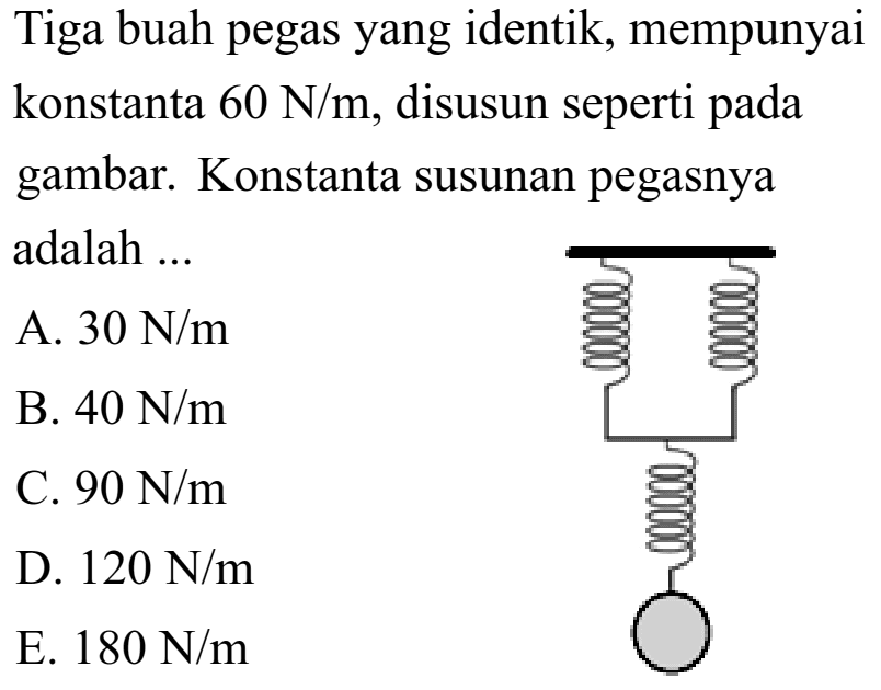 Tiga buah pegas yang identik, mempunyai konstanta  60 N/m, disusun seperti pada gambar. Konstanta susunan pegasnya adalah ...