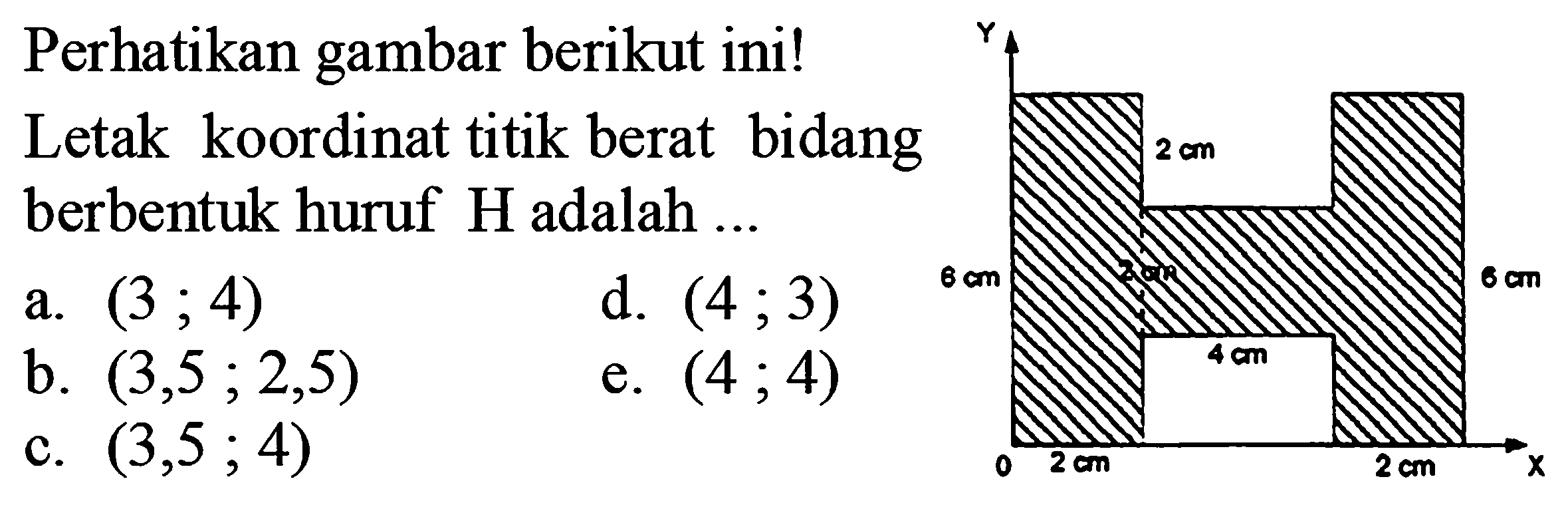 Perhatikan gambar berikut ini! Letak koordinat titik berat bidang berbentuk huruf H adalah ... Y 2 cm 6 cm 2 cm 6 cm 4 cm 0 2 cm 2 cm X 