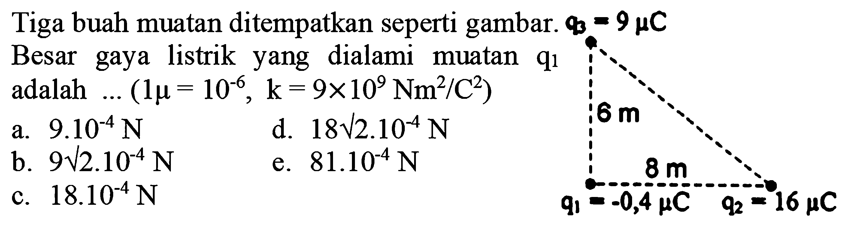 Tiga buah muatan ditempatkan seperti gambar. Besar gaya listrik yang dialami muatan q1 adalah ... (1 mu=10^-6, k=9x10^9 Nm^2/C^2)