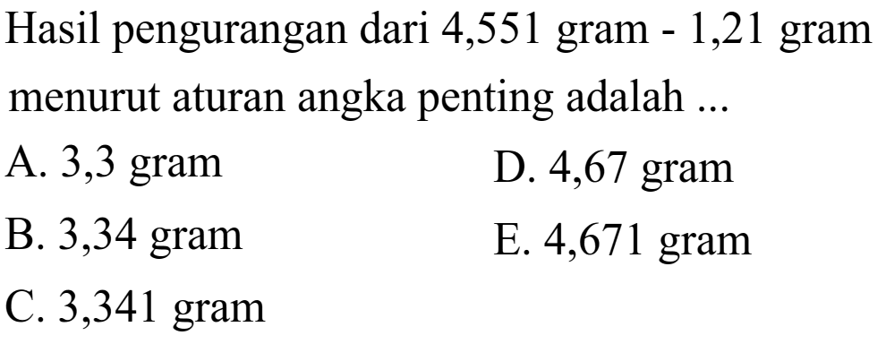 Hasil pengurangan dari 4,551 gram - 1,21 gram menurut aturan angka penting adalah ... 