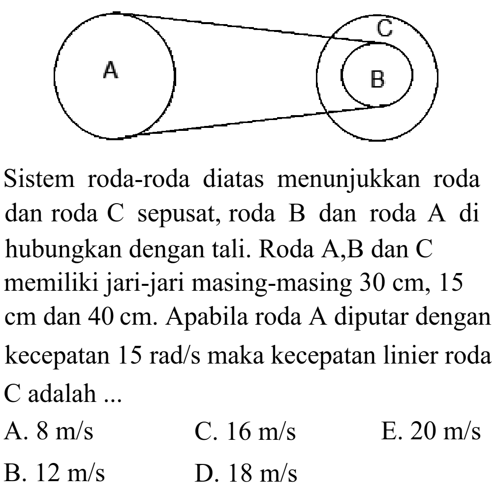 Sistem roda-roda diatas menunjukkan roda dan roda C sepusat, roda B dan roda A di hubungkan dengan tali. Roda A, B, dan C memiliki jari-jari masing-masing 30 cm, 15 cm dan 40 cm. Apabila roda A diputar dengan kecepatan 15 rad/s maka kecepatan linier roda C adalah ... 