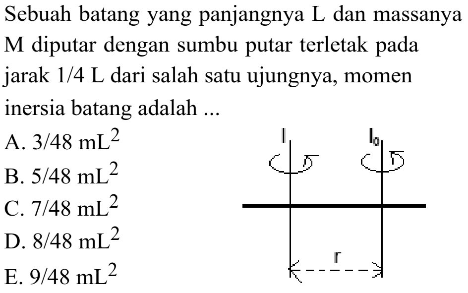 Sebuah batang yang panjangnya L dan massanya M diputar dengan sumbu putar terletak pada jarak 1/4 L dari salah satu ujungnya, momen inersia batang adalah ... I I0 r 
