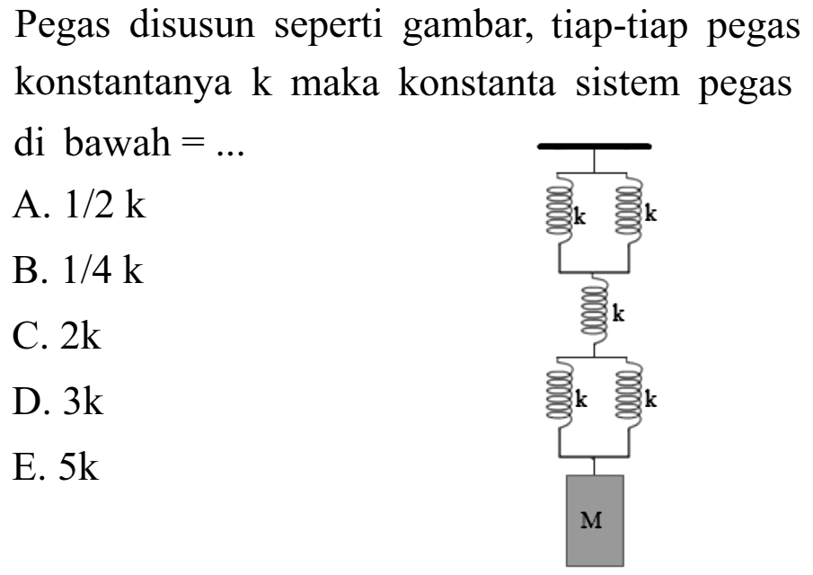 Pegas disusun seperti gambar, tiap-tiap pegas konstantanya k maka konstanta sistem pegas di bawah=...  k k k k k M