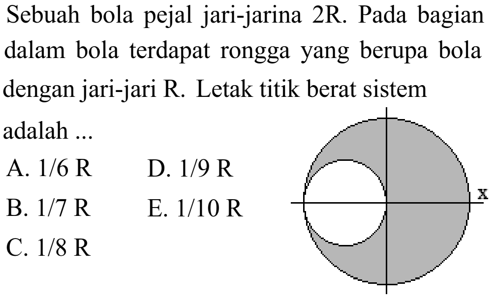 Sebuah bola pejal jari-jarina 2R. Pada bagian dalam bola terdapat rongga yang berupa bola dengan jari-jari R. Letak titik berat sistem adalah ...A.  1/6 R B.  1/7 R C. 1/8 R D. 1/9 R E. 1/10 R