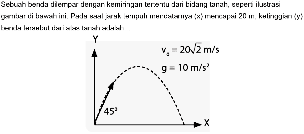 Sebuah benda dilempar dengan kemiringan tertentu dari bidang tanah, seperti ilustrasi gambar di bawah ini. Pada saat jarak tempuh mendatarnya (x) mencapai 20 m, ketinggian (y) benda tersebut dari atas tanah adalah 
Y v0 = 20 akar(2) m/s g = 10 m/s^2 45 X 