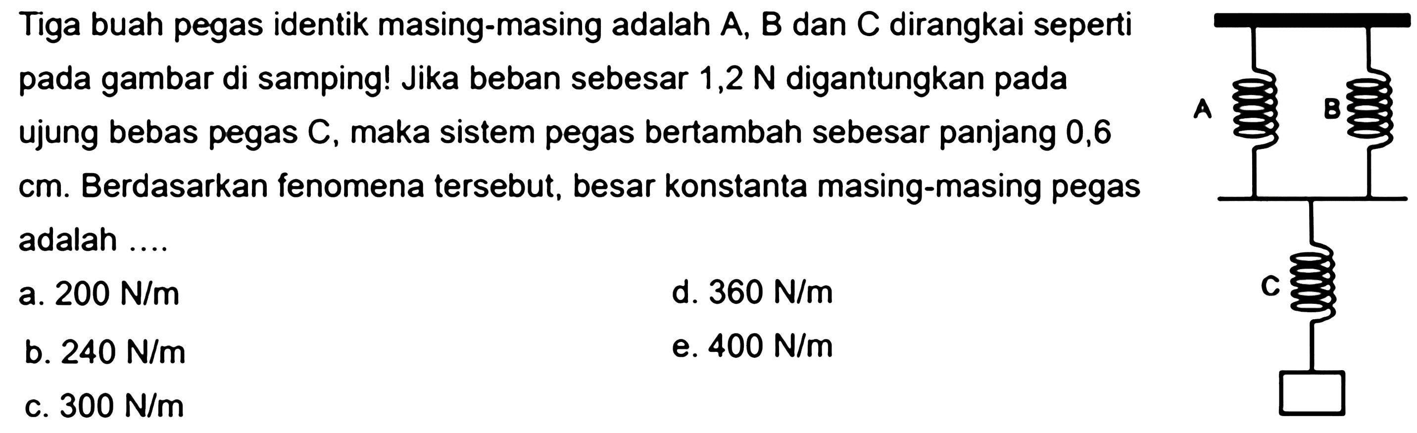 Tiga buah pegas identik masing-masing adalah A, B dan C dirangkai seperti pada gambar di samping! Jika beban sebesar 1,2 N digantungkan pada ujung bebas pegas C, maka sistem pegas bertambah sebesar panjang 0,6 cm. Berdasarkan fenomena tersebut, besar konstanta masing-masing pegas adalah .... A B C 