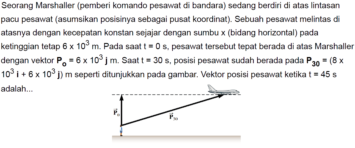 Seorang Marshaller (pemberi komando pesawat di bandara) sedang berdiri di atas lintasan pacu pesawat (asumsikan posisinya sebagai pusat koordinat). Sebuah pesawat melintas di atasnya dengan kecepatan konstan sejajar dengan sumbu x (bidang horizontal) pada ketinggian tetap 6 x 10^3 m . Pada saat t=0 s , pesawat tersebut tepat berada di atas Marshaller dengan vektor Po=6 x 10^3 j m . Saat t=30 s , posisi pesawat sudah berada pada P30=(8 x 10^3 i + 6 x 10^3 j) m seperti ditunjukkan pada gambar. Vektor posisi pesawat ketika t=45 s adalah... 
vektor P0 vektor vektor P30