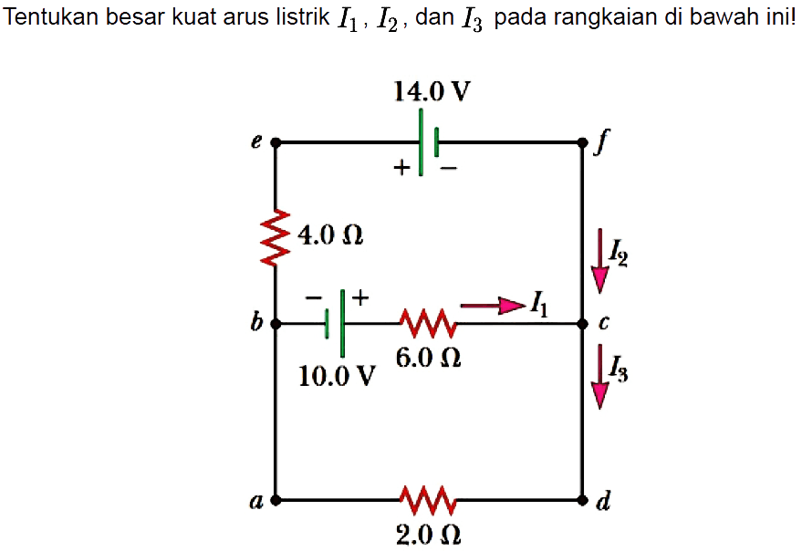 Tentukan besar kuat arus listrik I1, I2, dan I3 pada rangkaian di bawah ini! 
14.0 V e f + - 4.0 Ohm I2 - + I1 b c 6.0 Ohm I3 10.0 V a d 2.0 Ohm