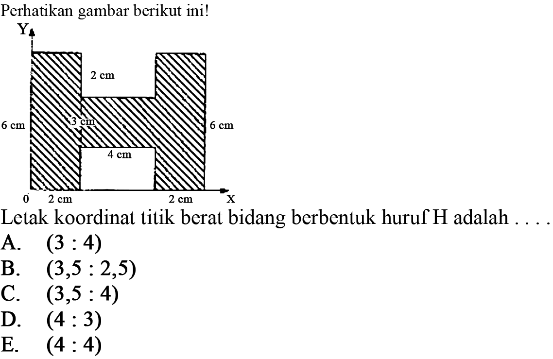 Perhatikan gambar berikut ini! Y 2 cm 6 cm 6 cm 3 cm 4 cm 2 cm 2 cm X Letak koordinat titik berat bidang berbentuk huruf H adalah