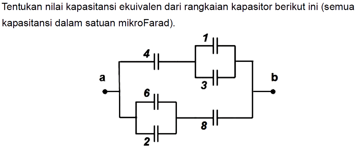 Tentukan nilai kapasitansi ekuivalen dari rangkaian kapasitor berikut ini (semua kapasitansi dalam satuan mikroFarad).
1 4 a 6 3 b 8 2 