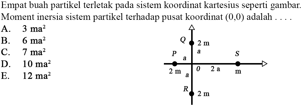 Empat buah partikel terletak pada sistem koordinat kartesius seperti gambar. Moment inersia sistem partikel terhadap pusat koordinat (0,0) adalah ... Q 2 m a P a S 2 m a 0 2 a m R 2 m 