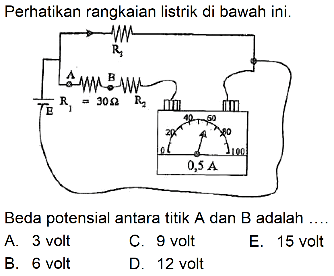 Perhatika rangkaian listrik di bawah ini. R3 A B E R1 = Ohm R2 0,5 A Beda potensial antara titik A dan B adalah .... 