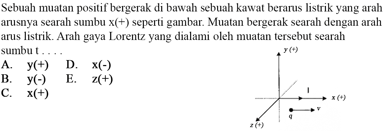 Sebuah muatan positif bergerak di bawah sebuah kawat berarus listrik yang arah arusnya searah sumbu x(+) seperti gambar. Muatan bergerak searah dengan arah arus listrik. Arah gaya Lorentz yang dialami oleh muatan tersebut searah sumbu t. Y (+) I x (+) q v z (+) 