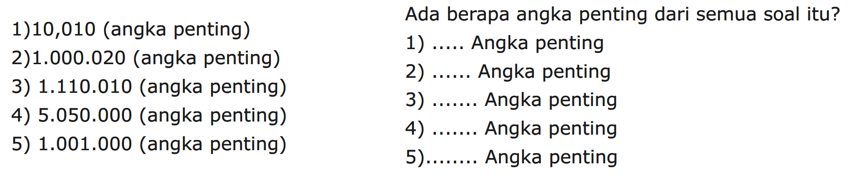 1) 10,010 (angka penting) 2) 1.000.020 (angka penting) 3) 1.110.010 (angka penting) 4) 5.050.000 (angka penting) 5) 1.001.000 (angka penting) Ada berapa angka penting dari semua soal itu? 