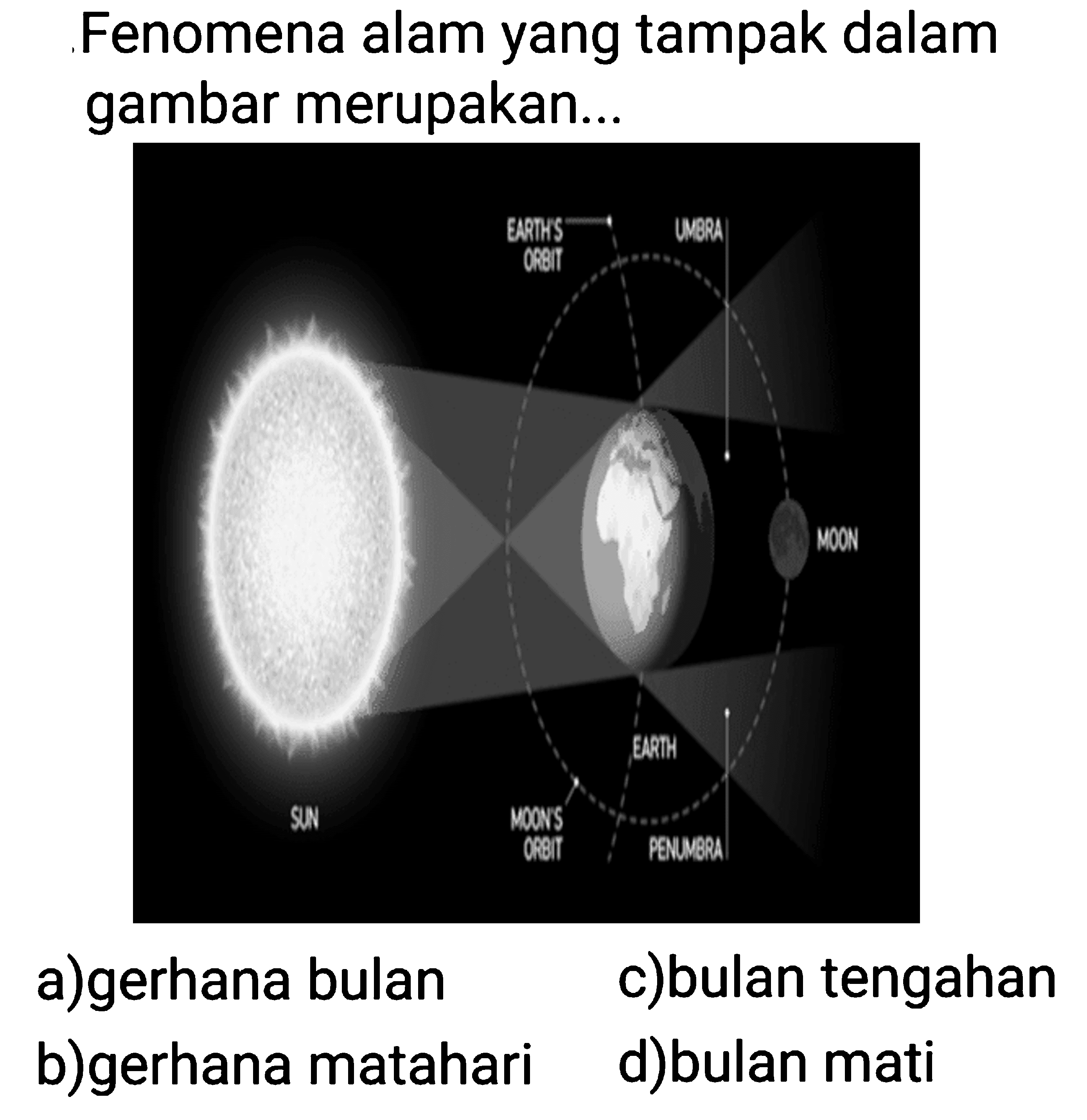 Fenomena alam yang tampak dalam gambar merupakan... 
EARTH'S ORBIT UMBRA MOON EARTH SUN MOON'S ORBIT PENUMBRA